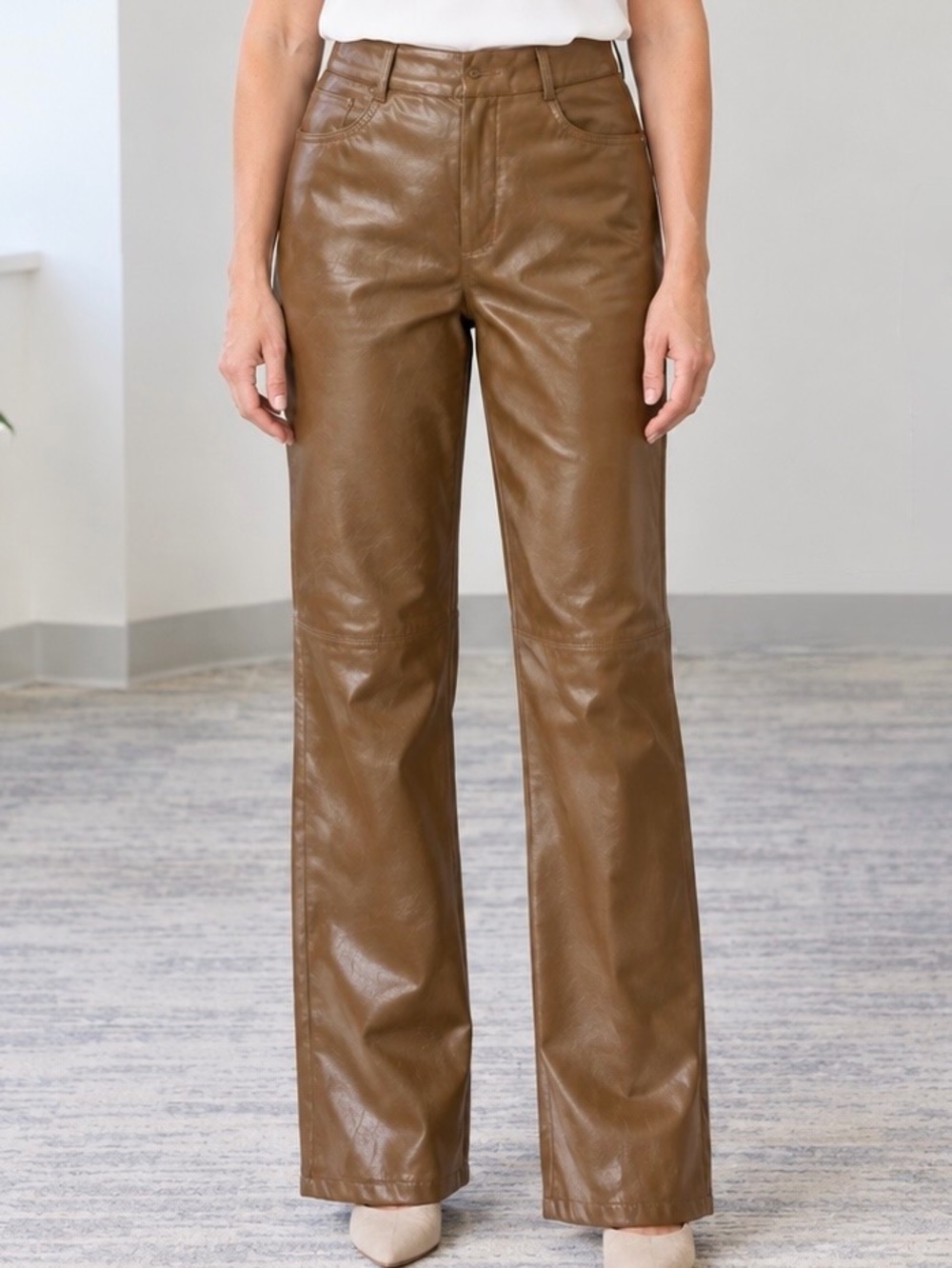 SHEIN Brown Faux Leather High Rise Wide Leg Pants S EUC Office Career Trousers